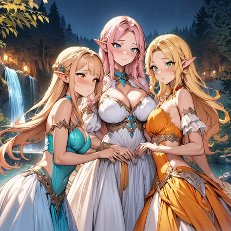 (masterpiece), (Highest quality), (【An illustration), (Very detailed), (High resolution), Absurd, Three Girls,Elf Princess,Torgao,blush,Gorgeous princess dress,Blonde,Redhead,Light pink hair,Long Hair,short hair,Green Eyes,Orange eyes,blue eyes,night,Fores...