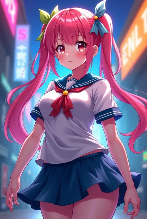 アニメ, 2020 s, A girl whose whole body turns rainbow-colored, Muscular, Unusually wide shoulders, long low twintails with ribbon, serafuku, Gaming Colors, from front.