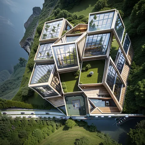 realistic house , pools, people, side view, architecture, creative, natural, flawless,