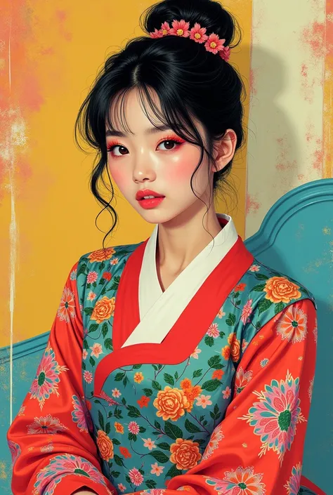 Create a pop art style character of a female student sitting in an old Korean dress with a vintage and retro feel.