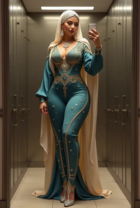 Teenage arabian princess curvy slim thick flaunts curves in extremely skin tight full body Arabic star and crescent print long skirt full long sleeves abaya hijab dress with transperent long shiny scarf on head.silver high heels.long earrings.taking mirror...