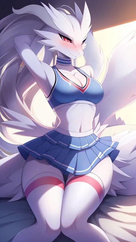 Reshiram,furry,Bust 89,Waist 57,Thigh 86,Good resolution,on the bed,Cheerleading uniform,Good light and shadow details,shade,sexy body,blushing, Sweating, in the mood for sex, There is a feeling of female domination.