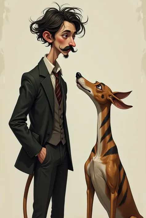 An extremely thin man with a mustache and medium length hair along with his thin dog with brown fur and black stripes

