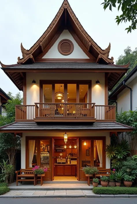 Two-storey wooden building coffee shop,There is a balcony around the second floor.,Hip Roof,On the corner,ancient thai style,Cream, brown,60s architecture,Folding door