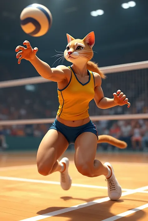 Female Puma playing indoor volleyball with blue shorts and yellow shirt