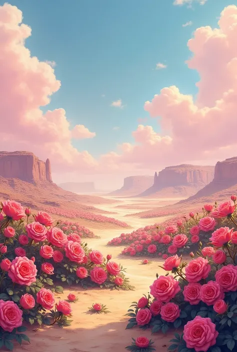 Summer, desert, ((no house)), pink clouds, a land overgrown with roses, James Gurney, art station rendering, ultra-wide lens, high definition