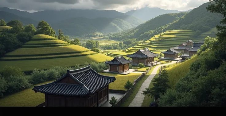 Joseon Dynasty of Korea, There are thatched and tile-roofed houses everywhere., terrain with undulating hills, Cloudy sky, A place with rice fields and fields, realistic photo