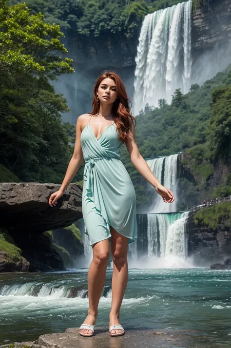 A breathtakingly realistic scene of a 20-year-old young woman with long, flowing auburn hair, standing on a viewing platform at Niagara Falls. The powerful waterfalls cascade behind her, with mist rising up and partially enveloping the scene, creating a dr...