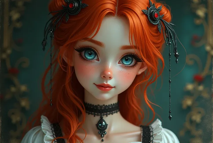 1girl, Smile, freckles, Blue eyes, red hair, Gothic Art, 