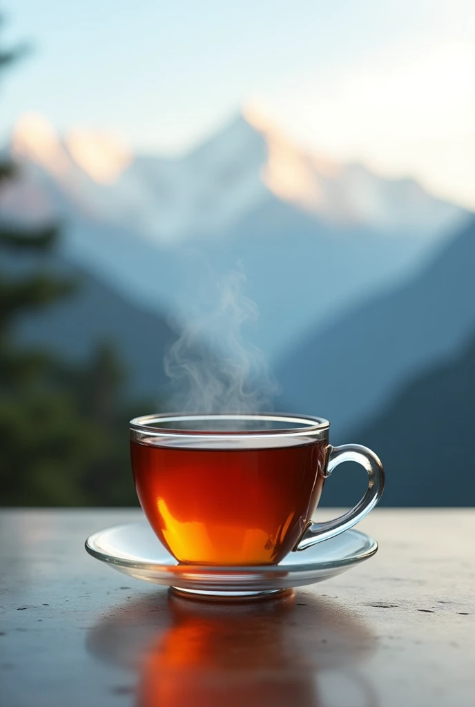 One glass cup of hot tea without sasser on the table and and morning time infront Himalayas and Himalayas  
Should be clear 