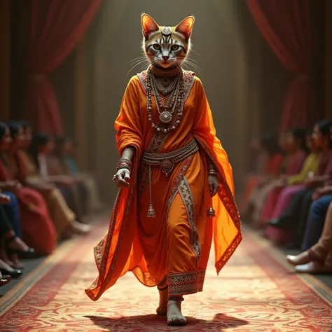 photograph of a cat in human form, walking down the catwalk in Indian fashionable dress , in motion, photorealism harxil kiyimlarda