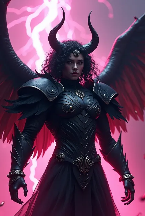 
Curly black hair adorned with large, dramatic horns; dressed in intricate black armor with feathered wings; surrounded by a vivid, otherworldly background with pink lightning and a dark, mystical atmosphere. The scene is intense and powerful, with dark an...