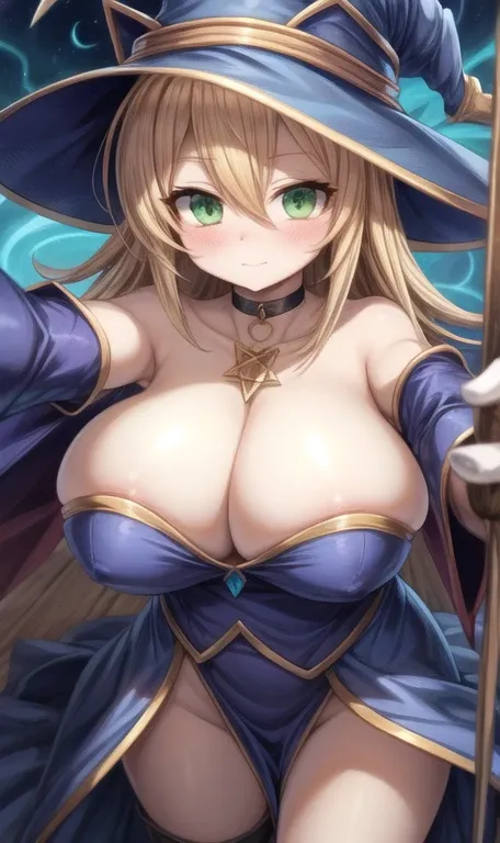 Selfie Big huge old, dark magician girl, duel monster, blush stickers, by rubio, green eyes, by the wide, old, blush, hits, large old, hair between the eyes, pentacle, staff, has, dress, neckline, bare shoulders, clavicle, choker, blue headdress, wizard ha...