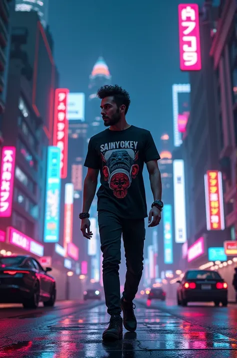 David Bisbal walking at night at future cyberpunk city with t-shirt with the name "ACE MONKEY"