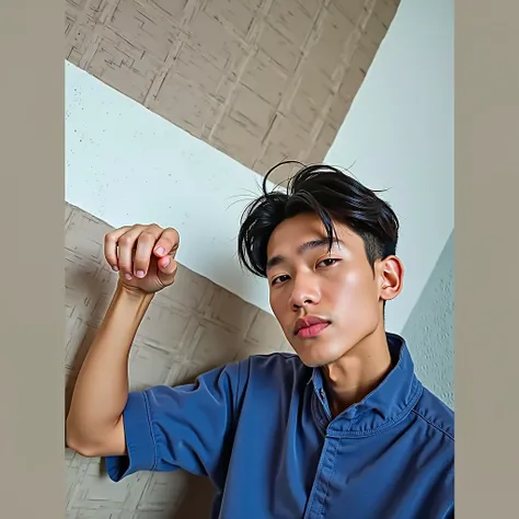 an award-winning portrait of a handsome man 17 y o, medium_slim_body__arm_and_hand_man, and young asian hairstyle, wearing a modern oversize T-shirt, and slim pants, standing at the aesthetic solid background wall, absolute lighting, fujifilm xt-4, dreamy ...