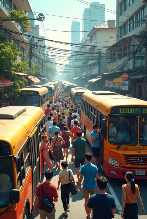 Thai people take the bus to work in the morning.