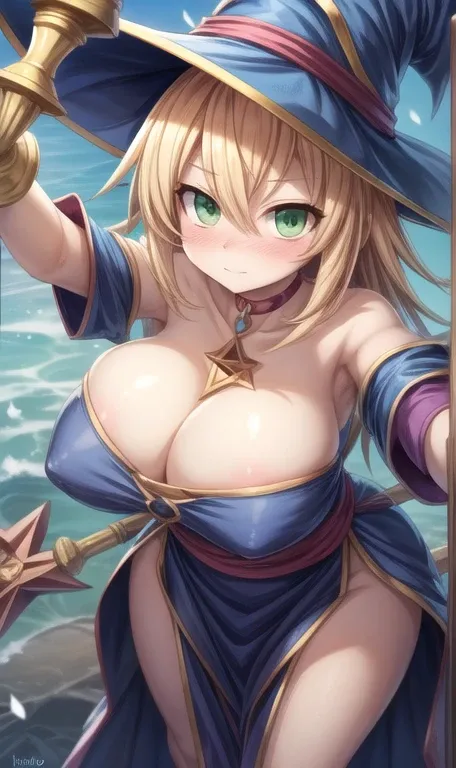 Selfie Big huge old, dark magician girl, duel monster, blush stickers, by rubio, green eyes, by the wide, old, blush, hits, large old, hair between the eyes, pentacle, staff, has, dress, neckline, bare shoulders, clavicle, choker, blue headdress, wizard ha...