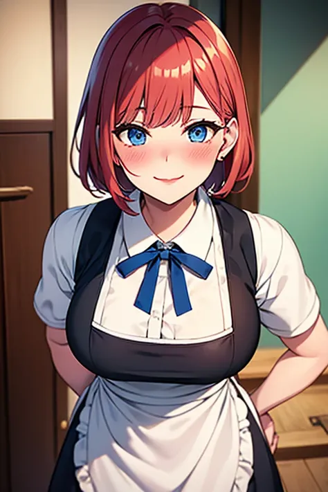 Beautiful 3 maid woman firm body perfect breasts blushing face blushing cheek tender expression charming smile red lips short white hair bangs blue eyes black maid uniform white apron 