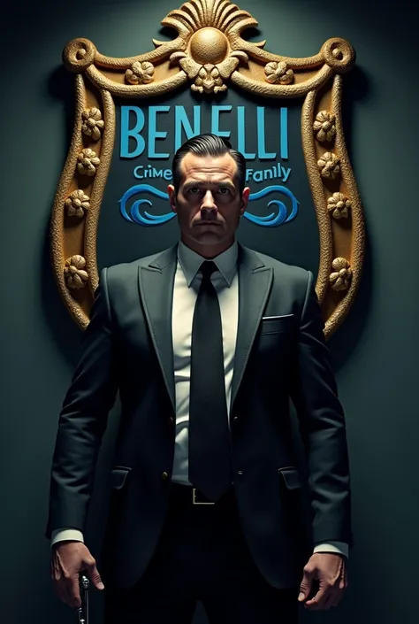 Mafia man with a suit with a gun in his hand and above is the benelli crime family in a shield with blue letters