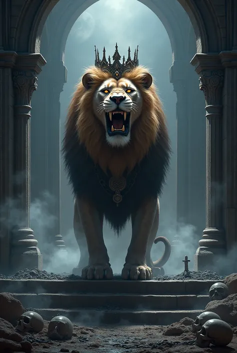 A super realistic image of an imposing, majestic lion with a crown and big wings, wearing a beautiful collar, roaring in a dark environment with flames, skulls, a spider web, chains, and a gothic style. The lion is standing on a platform. The background co...