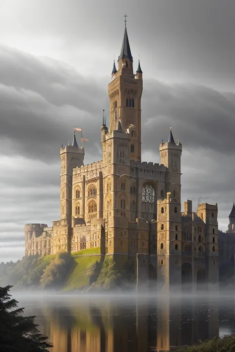 Dream art Absurd High resolution Masterpiece Best quality Fortress，Castle in the middle of the lake，Foggy forest，Horror，dim，In the fog，Windsor Castle Style，pale，Gothic architecture，Light cloudiness