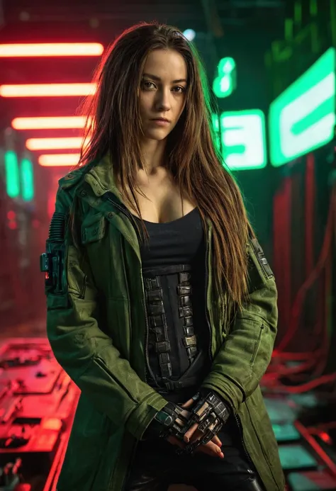 Beautiful girl small breasts, wearing rugged jacket, long hair, machine arms in cyberpunk night scene, cyberpunk red green backdrop