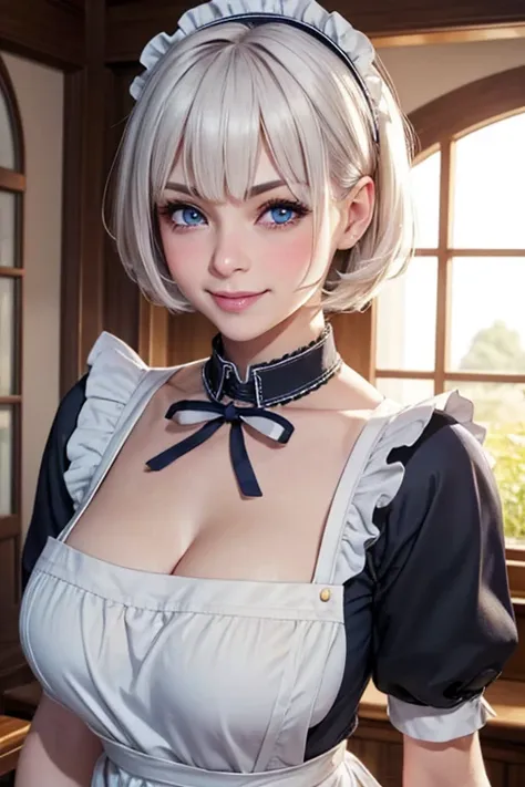 beautiful 3 maid woman firm body perfect breasts blushing face blushing cheek tender expression charming smile short white hair ...