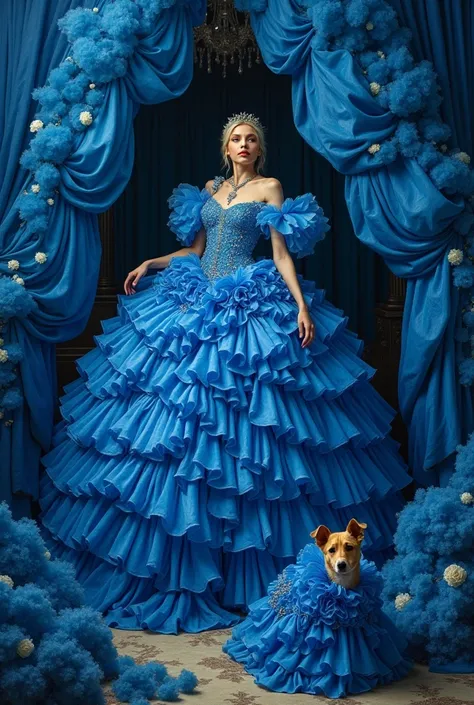 the art of excess, a woman in an incredibly large blue dress with a cascade of frills, Big blue curtains with frills everywhere, with a dog in blue frills,
incredible extravaganza by Konstantin Razumov