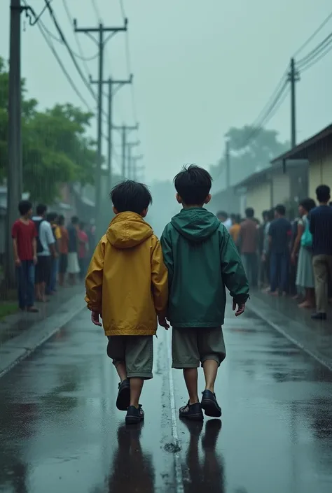 Two boys walking in rain on road and crowd is gathered nearby them