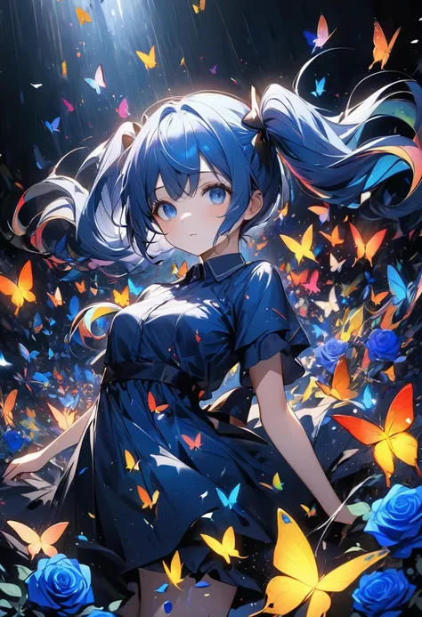 Ultra HD8kオクタン.A miraculous fusion of Abstract Expressionism and 8k Octane、Jackson.By Pollock、A girl with blue hair and twin tails is standing alone in the pitch black darkness wearing a simple blue dress.、Beautiful blue roses bloom all around the girl、Out...