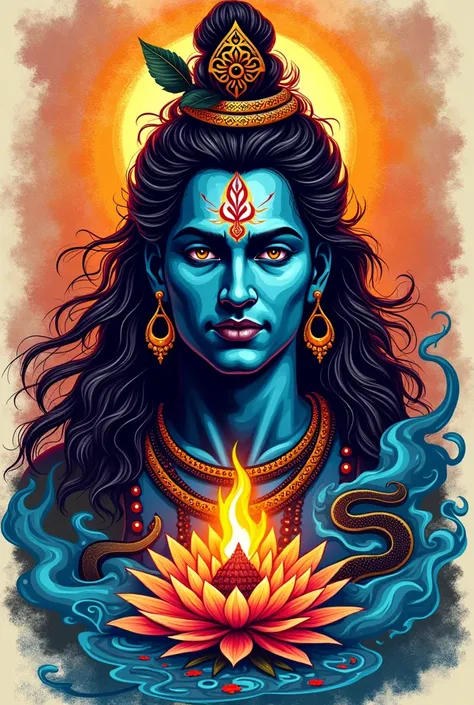 "Create a vibrant and dynamic t-shirt design featuring the powerful mantra Har Har Mahadev. Incorporate bold, energetic colors that evoke a sense of strength and devotion. The design should blend traditional elements like tridents, serpents, and the sacred...