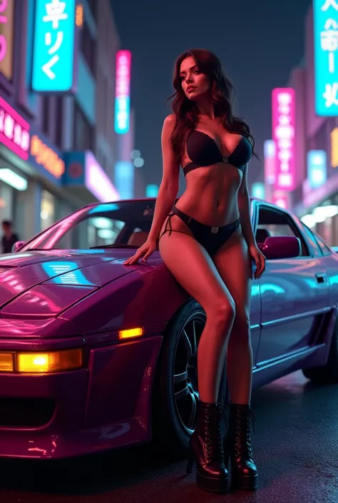 Fairlady Z(Z32)Woman next to, 90s style night scene big breasts, 