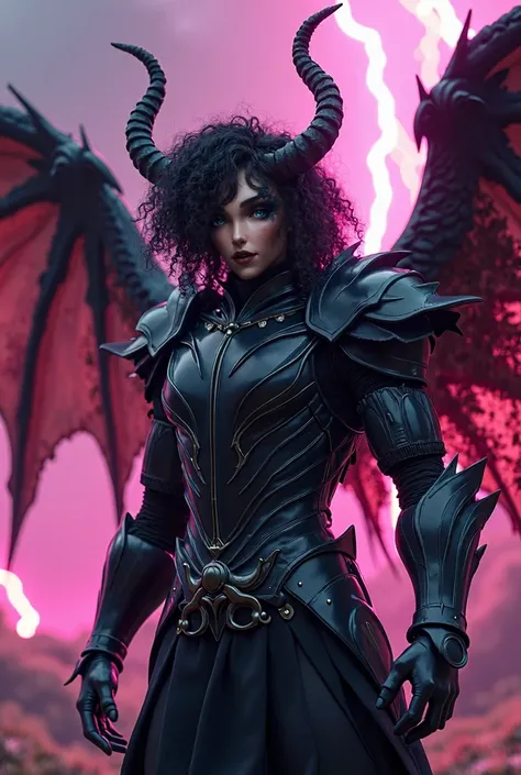 Curly black hair adorned with large, dramatic horns; dressed in intricate black armor with feathered wings; surrounded by a vivid, otherworldly background with pink lightning and a dark, mystical atmosphere. The scene is intense and powerful, with dark and...