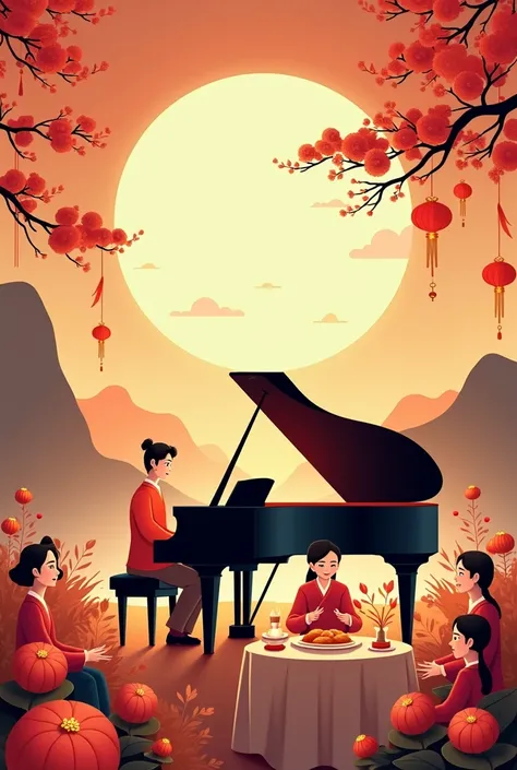 Mid-Autumn Festival, Graphic Poster, Piano, Moon, Lanterns, Mooncakes, Piano Playing, Pianist Playing Piano, Family Eating a Reunion Meal, Warm and Harmonious Expressions of the Characters, Panorama, Bright and Soft Tones, Chinese Elements, Illustration St...