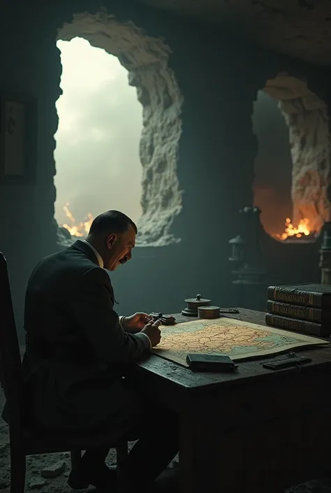 A dimly lit bunker beneath Berlin, with Hitler sitting at a desk, staring at a map of Germany with crumbling hands. His face is pale, showing the weight of defeat, while explosions and fire can be seen outside through small, shattered windows. The once mig...