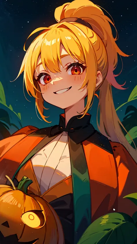 1 young girl、Blonde ponytail、Ahoge、Beautiful red eyes、jack o lantern、halloween、Grin、Upper body close-up、Colorful starry sky、Iridescent aura、Orange and green colour scheme、Outdoor、Shadow lighting