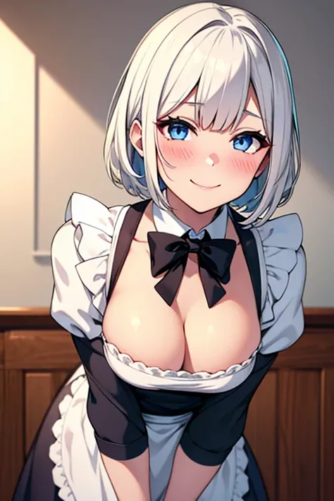 Beautiful 3 maid woman firm body perfect breasts blushing face blushing cheek tender expression charming smile short white hair bangs blue eyes black maid uniform white apron 