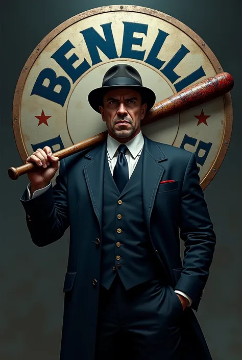 Mafia man with a three piece suit  and fedora with a bloody baseball bat in his hand and above is the benelli crime family in a shield with blue letters