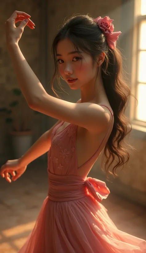 16K, top quality, highest resolution, masterpiece, very beautiful face, young figure, slim figure, thin clothes that stick tight, blush on cheeks, smile.SmallSmallバスト　highkickMotion　CharmDance