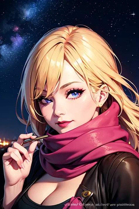 1girl, ahoge, bangs, blonde hair, blowing kiss, blue eyes, blue scarf, brown scarf, cleavage, closed mouth, eyelashes, face, floating hair, hair between eyes, heart, lips, lipstick, long hair, looking at viewer, makeup, night sky, nose, one eye closed, ora...