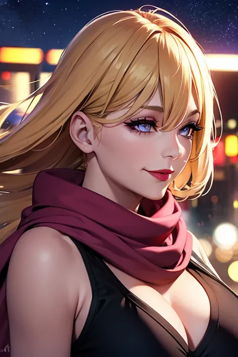 1girl, ahoge, bangs, blonde hair, blowing kiss, blue eyes, blue scarf, brown scarf, cleavage, closed mouth, eyelashes, face, floating hair, hair between eyes, heart, lips, lipstick, long hair, looking at viewer, makeup, night sky, nose, one eye closed, ora...