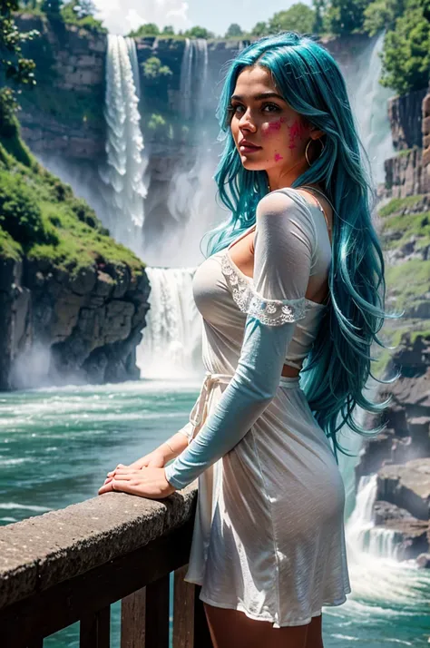 A breathtakingly realistic scene of a 20-year-old young girl with blue and white hair, very long wavy azure blue hair, beautiful woman with blue hair, flowing blue hair, beautiful blue-haired girl, pretty girl with blue hair, long azure blue hair, blue lon...