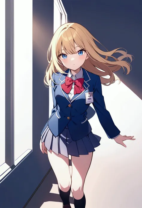 , full body, blue jacket,
 primary school uniform, blonde hair, blue eyes