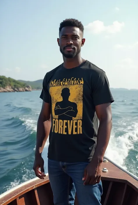 Person wearing a t shirt with silhouette image of a person with arms crossed over chest at the front bow of a boat  on chrome silver sea. Below text mark Garifuna forever 