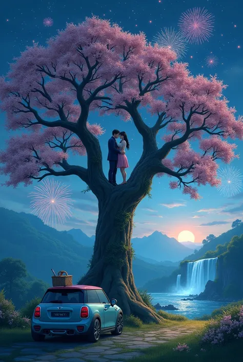 Create a romantic K-drama-style image, where me and my girlfriend are sitting on top of a huge and majestic tree, which stands over a lovely field under the moonlight. They are both hugging each other, enjoying the quiet and beautiful night scenery. The ni...