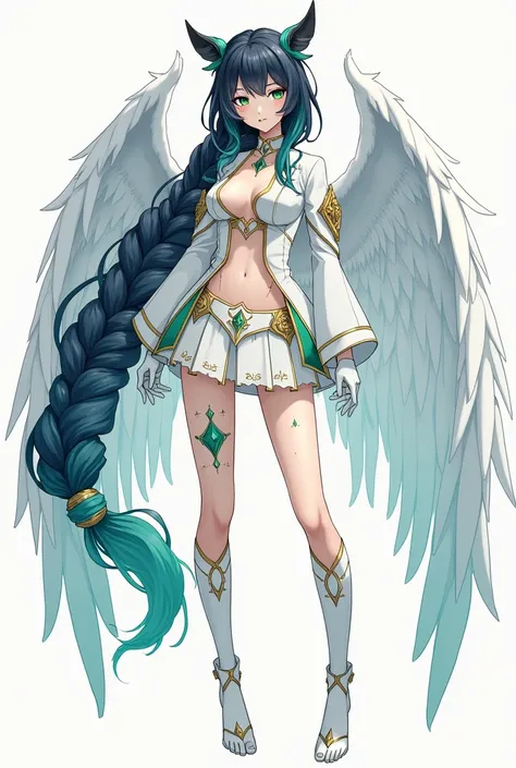 An image of Venti from Genshin Impact, with a long braid that reaches to her waist and hangs in front, a long fringe, that he looks more androgynous and has freckles on his nose Aqua green eyes, Her hair is a dark blue, almost black, and she has it tied in...