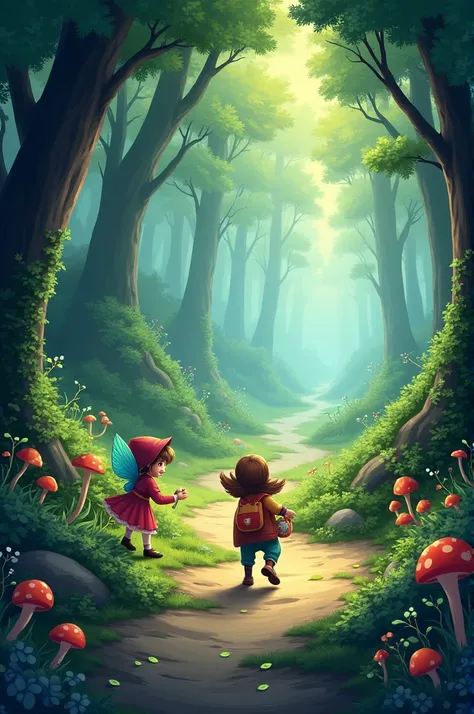 Create an image for kids story book title is 
"The Enchanted Forest Adventures"