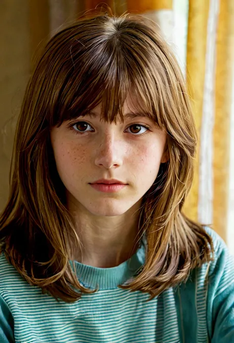 A teenage girl with shoulder-length hair with layers and curtain-style bangs and brown hair, white skin, honey-colored eyes, a thin face, and a pretty small nose. 