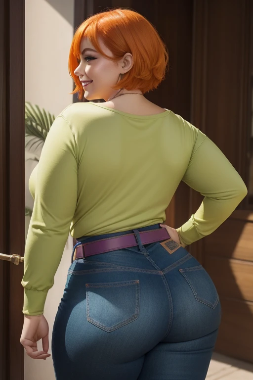  ((soft makeup)), sexy woman, voluptuous, neckline, (Adela), chubby woman, cord, orange hair, short hair, green tie, long-sleeve T-shirt, purple T-shirt, pink belt, jeans address, socks, smiling.((take it from behind))) 
