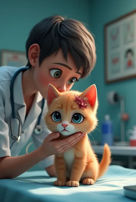 draw a kitten in brown color who is in the hospital and kitten has a blood on his head. the docter is examining him. the kitten is crying